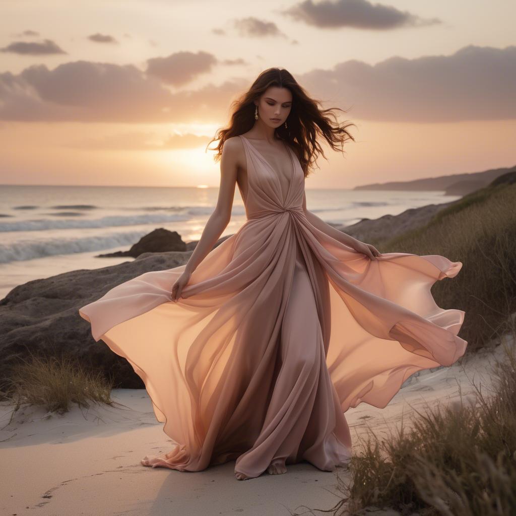 A stunning image of beachside glamour, flowing fabric and soft sunset.