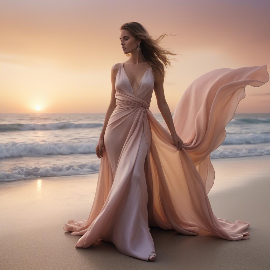A stunning image of beachside glamour, flowing fabric and soft sunset.