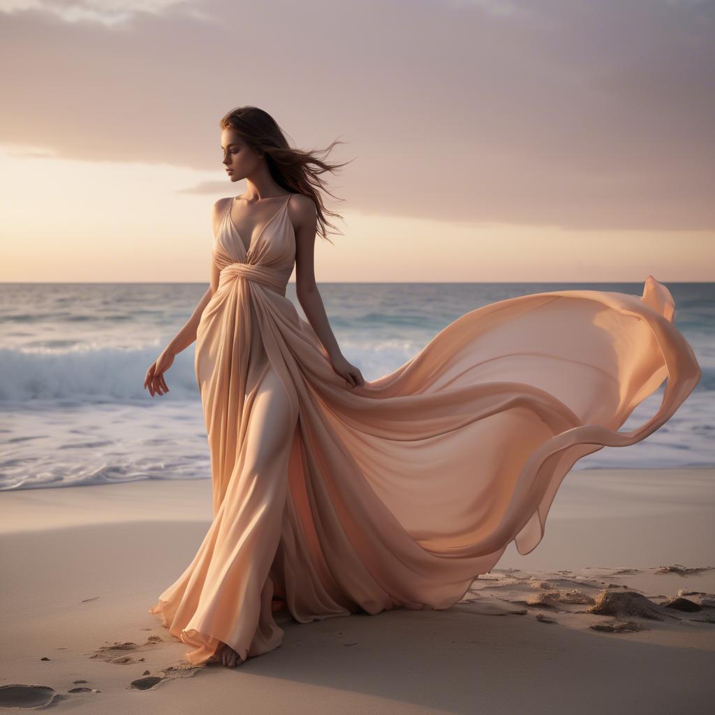 A stunning image of beachside glamour, flowing fabric and soft sunset.