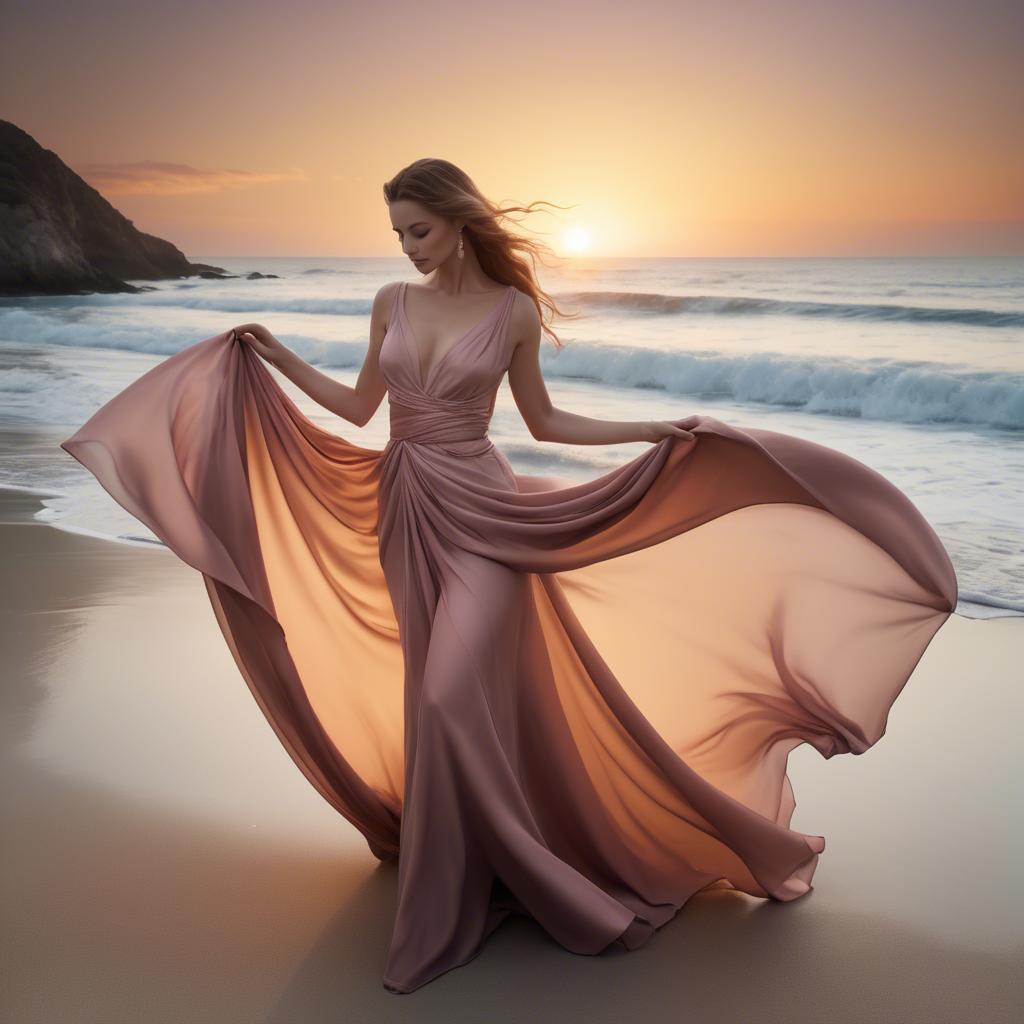 A stunning image of beachside glamour, flowing fabric and soft sunset.