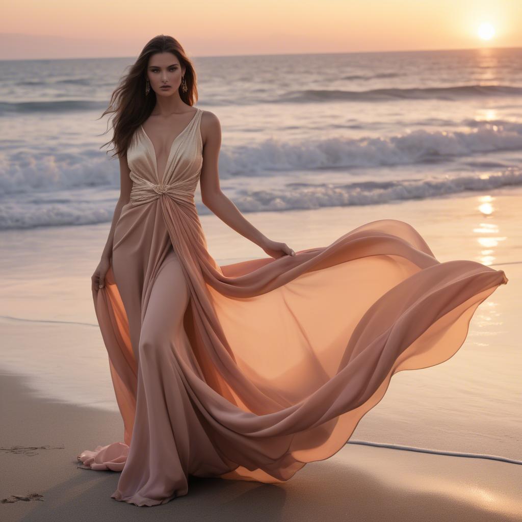 A stunning image of beachside glamour, flowing fabric and soft sunset.