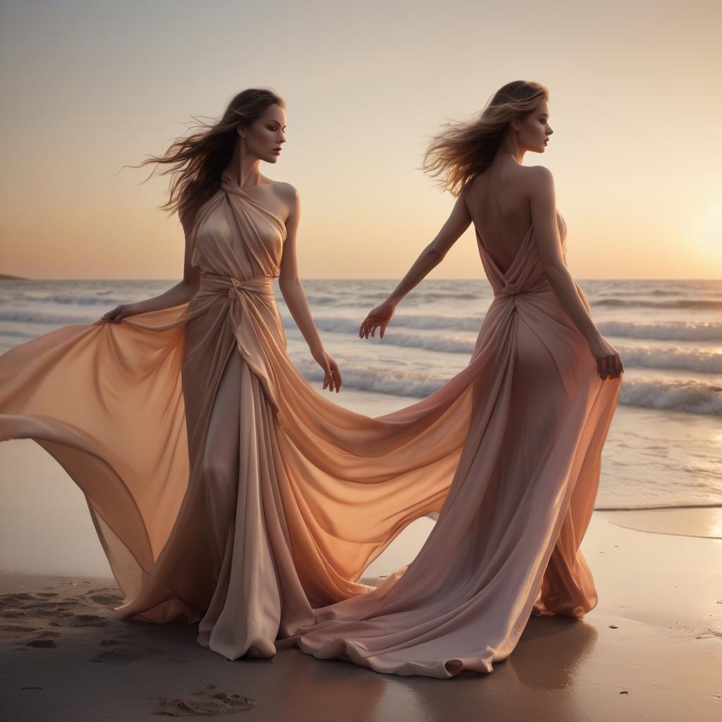 A stunning image of beachside glamour, flowing fabric and soft sunset.