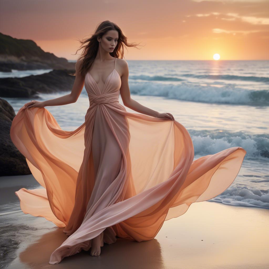 A stunning image of beachside glamour, flowing fabric and soft sunset.