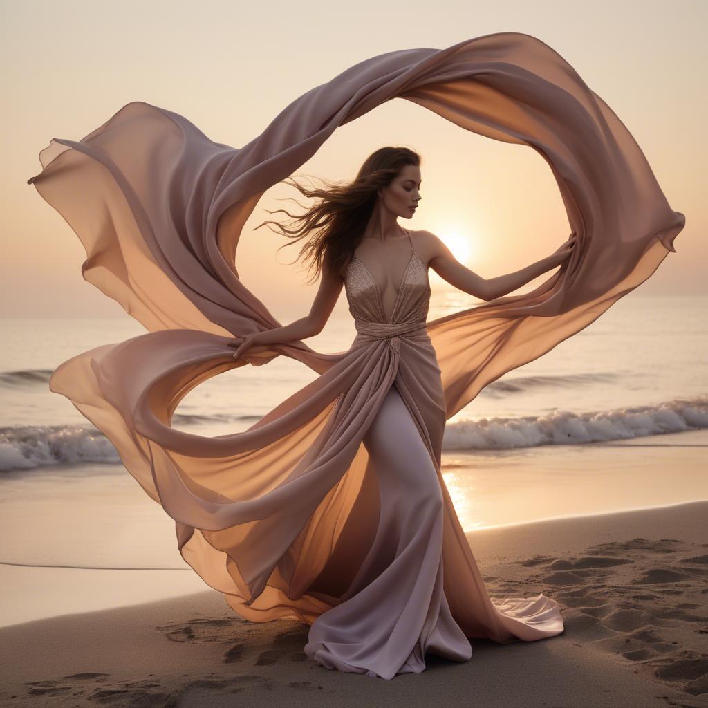 A stunning image of beachside glamour, flowing fabric and soft sunset.