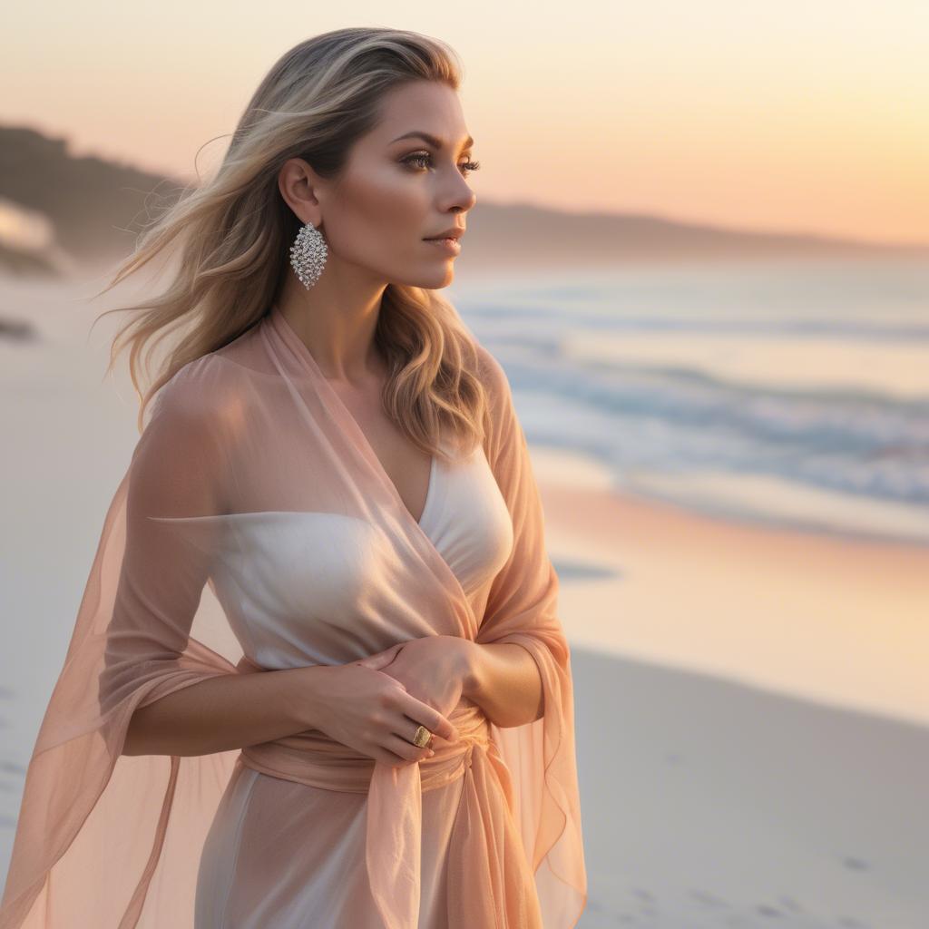 A stunning image of beachside glamour, soft sunset and sheer wrap.