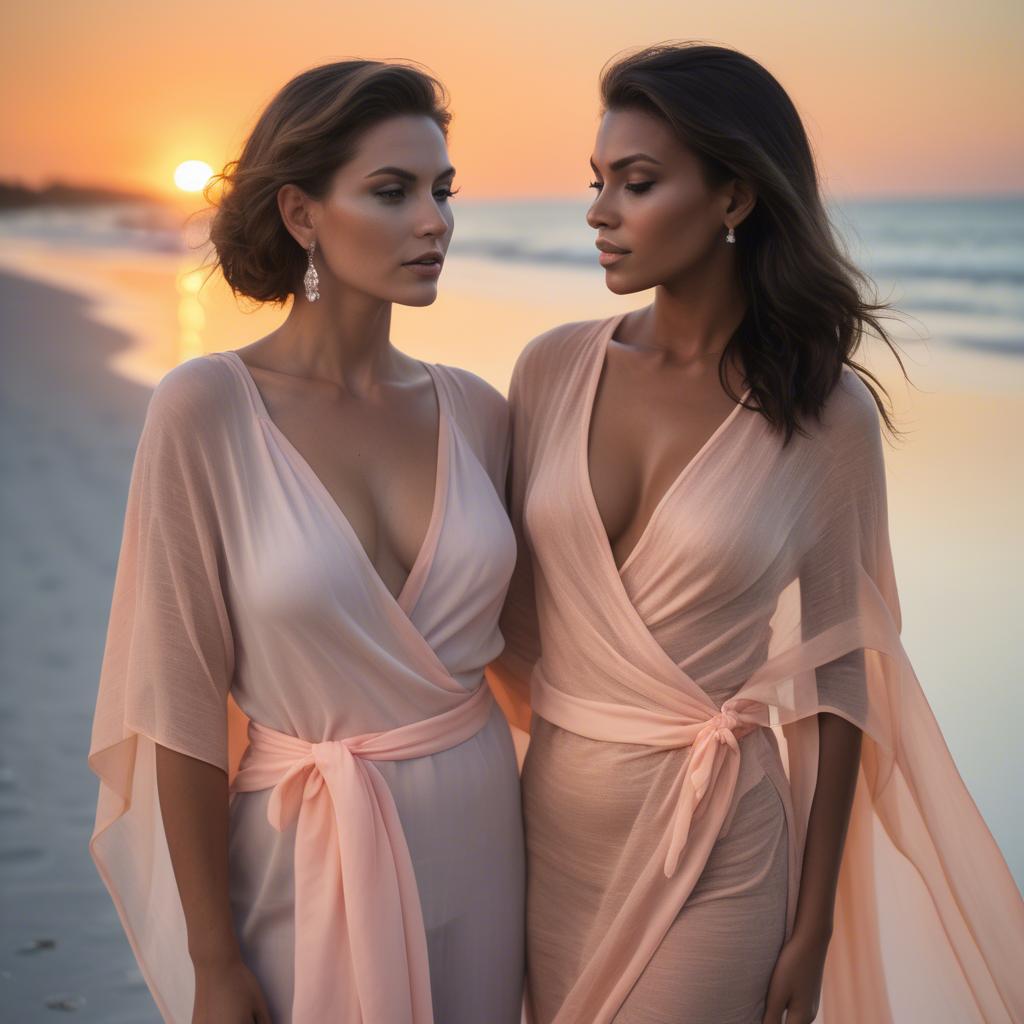 A stunning image of beachside glamour, soft sunset and sheer wrap.