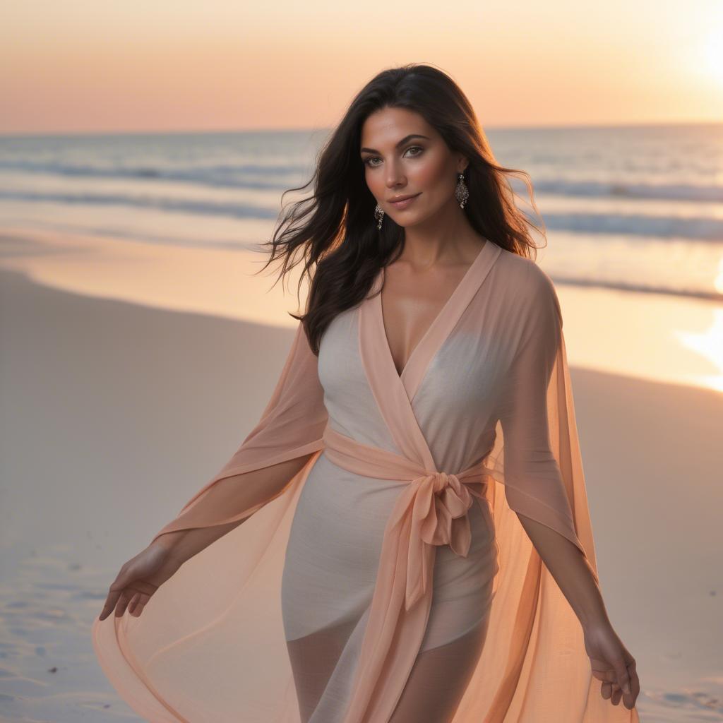 A stunning image of beachside glamour, soft sunset and sheer wrap.