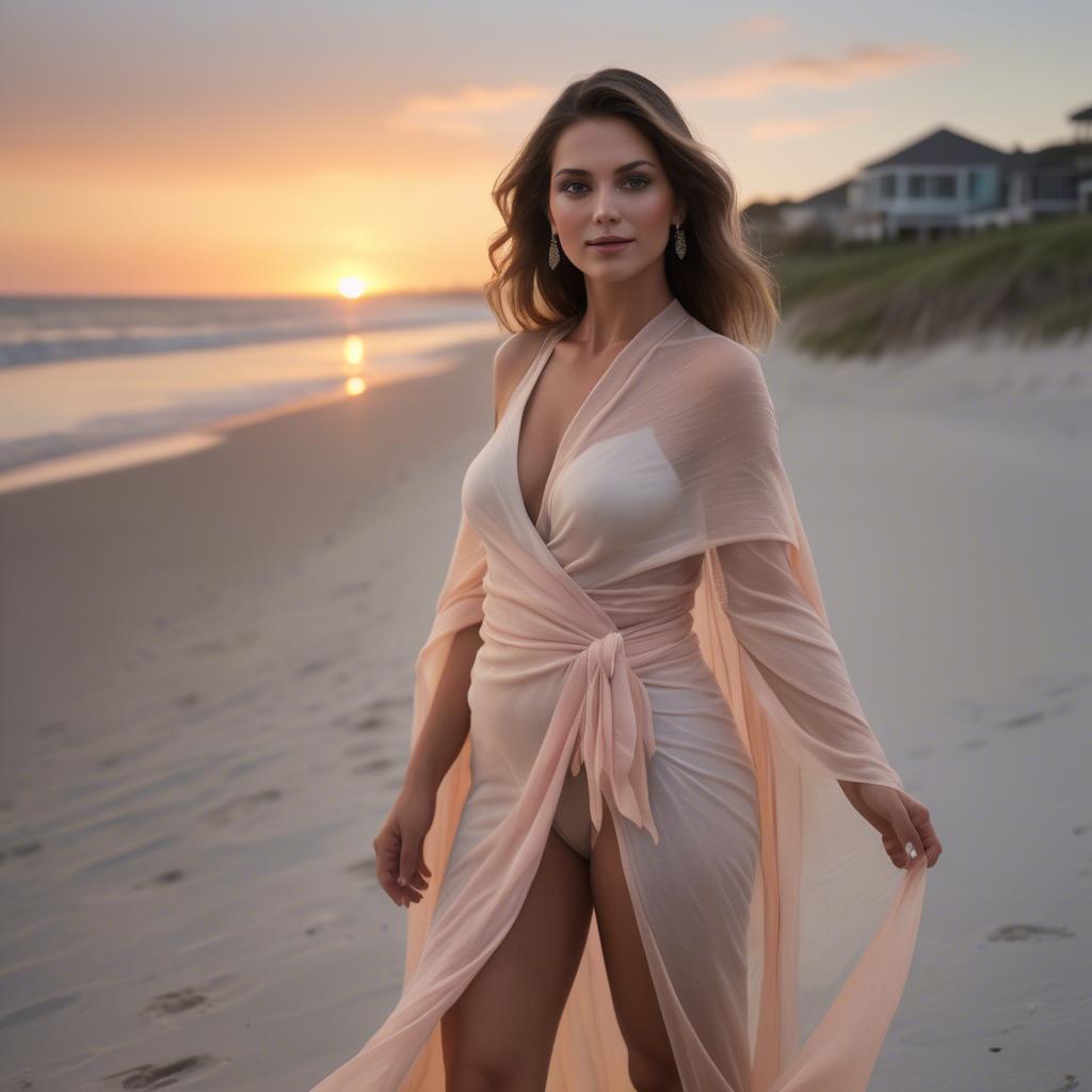 A stunning image of beachside glamour, soft sunset and sheer wrap.