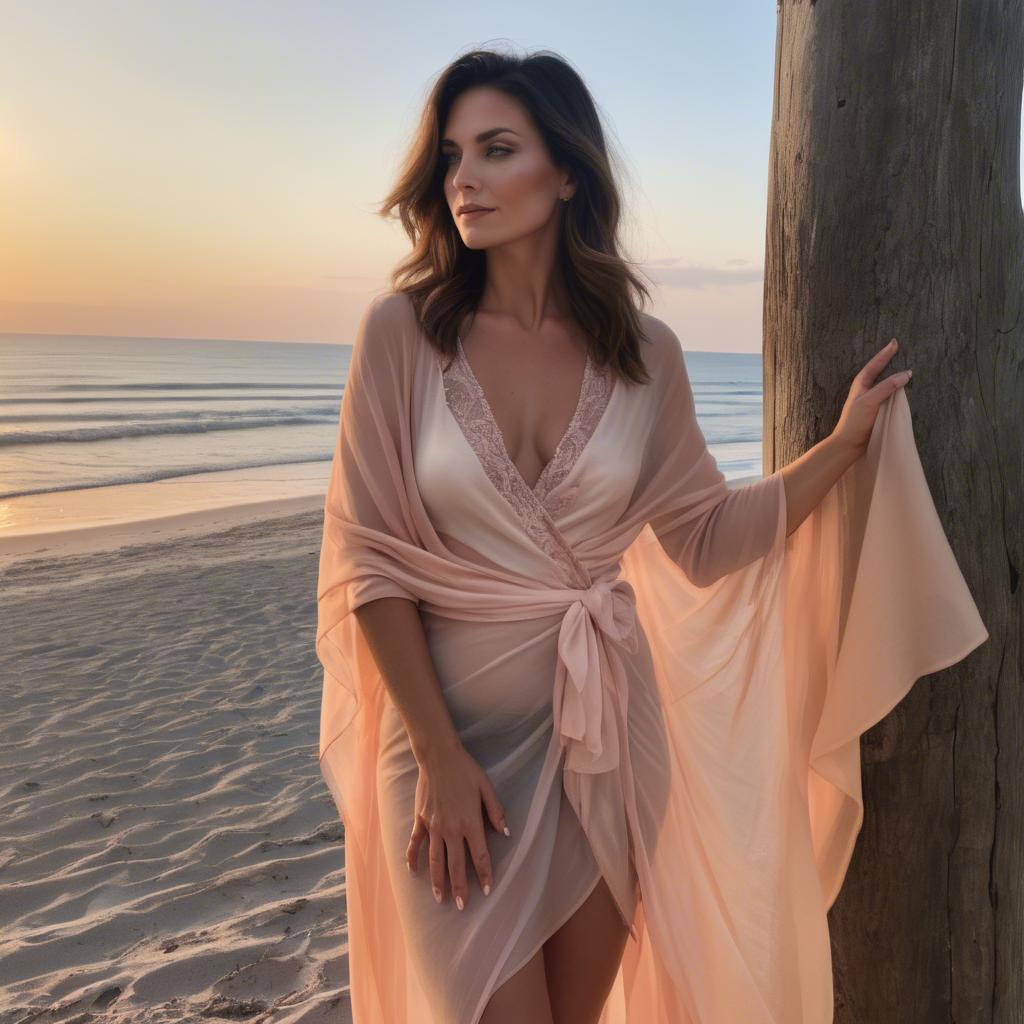 A stunning image of beachside glamour, soft sunset and sheer wrap.