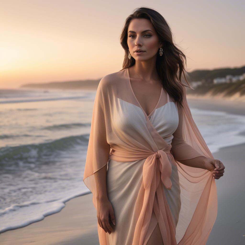 A stunning image of beachside glamour, soft sunset and sheer wrap.