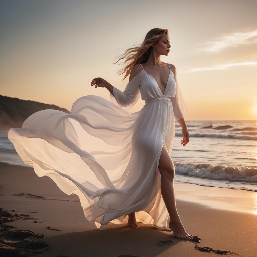 A stunning image of beachside glamour, woman in flowing white dress at sunset.