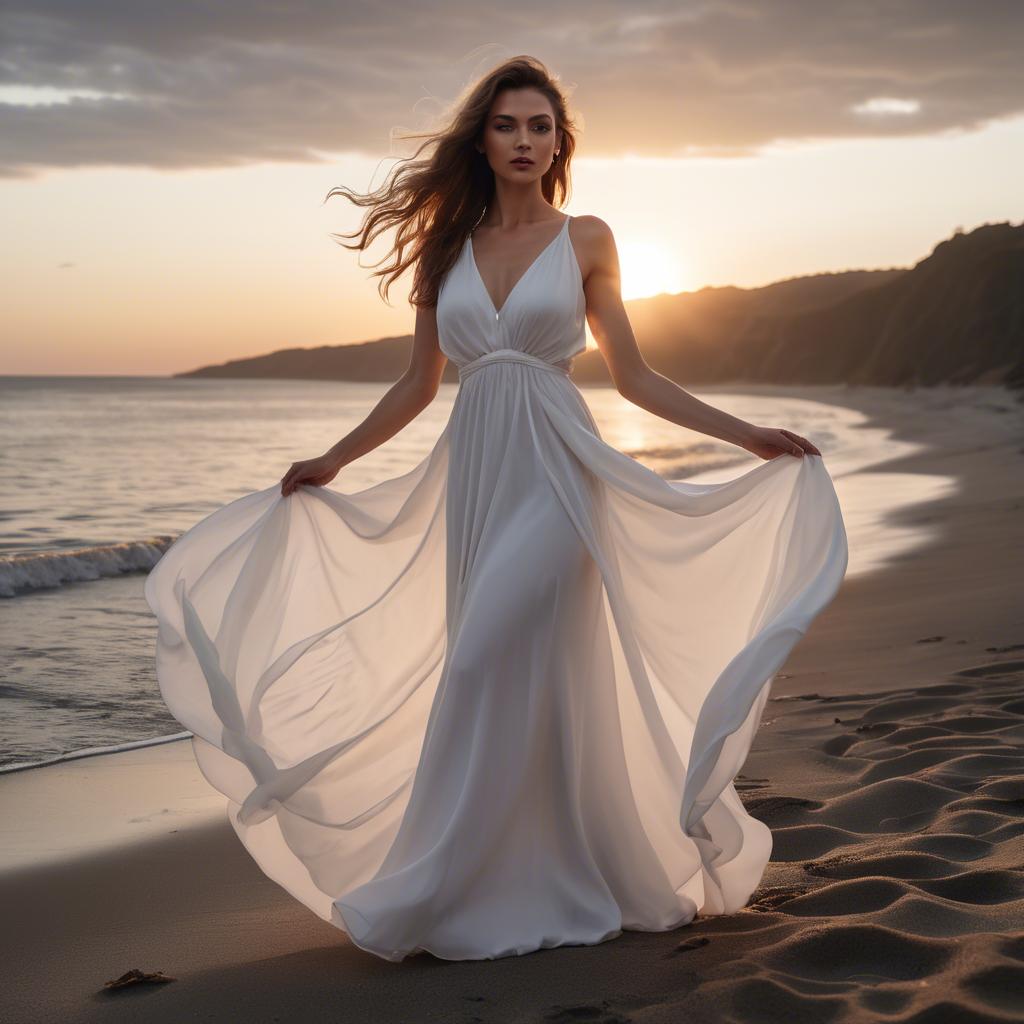 A stunning image of beachside glamour, woman in flowing white dress at sunset.