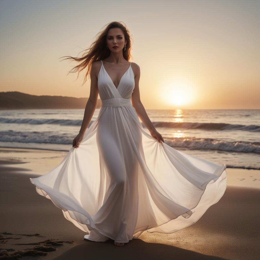 A stunning image of beachside glamour, woman in flowing white dress at sunset.