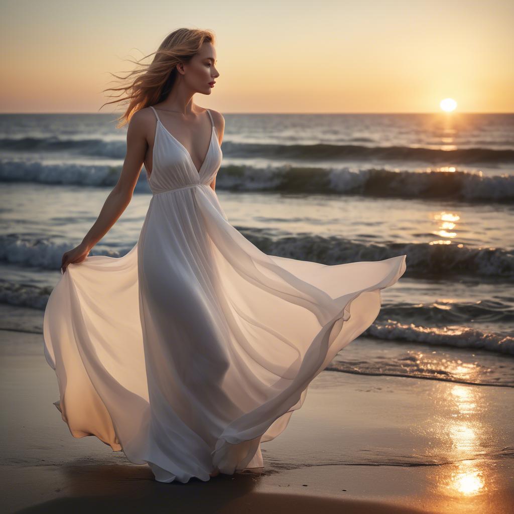 A stunning image of beachside glamour, woman in flowing white dress at sunset.