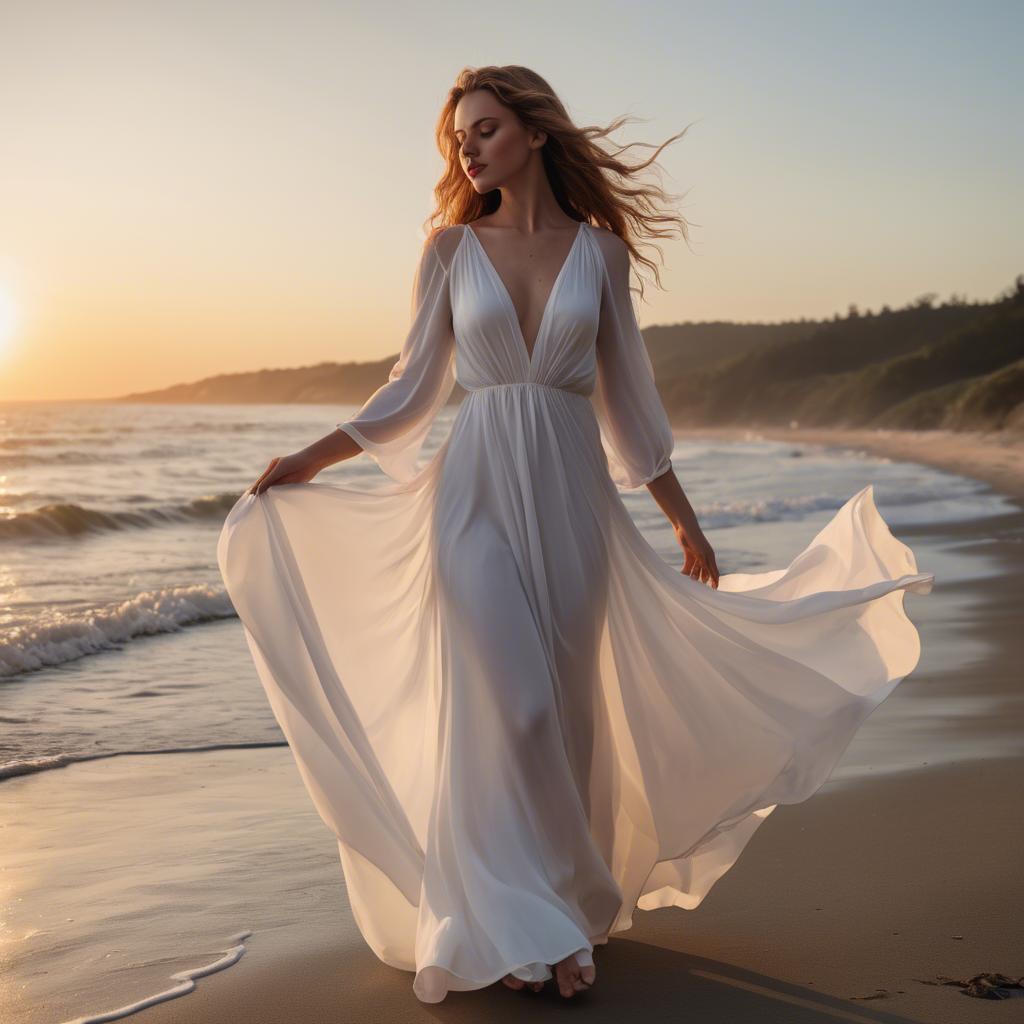 A stunning image of beachside glamour, woman in flowing white dress at sunset.