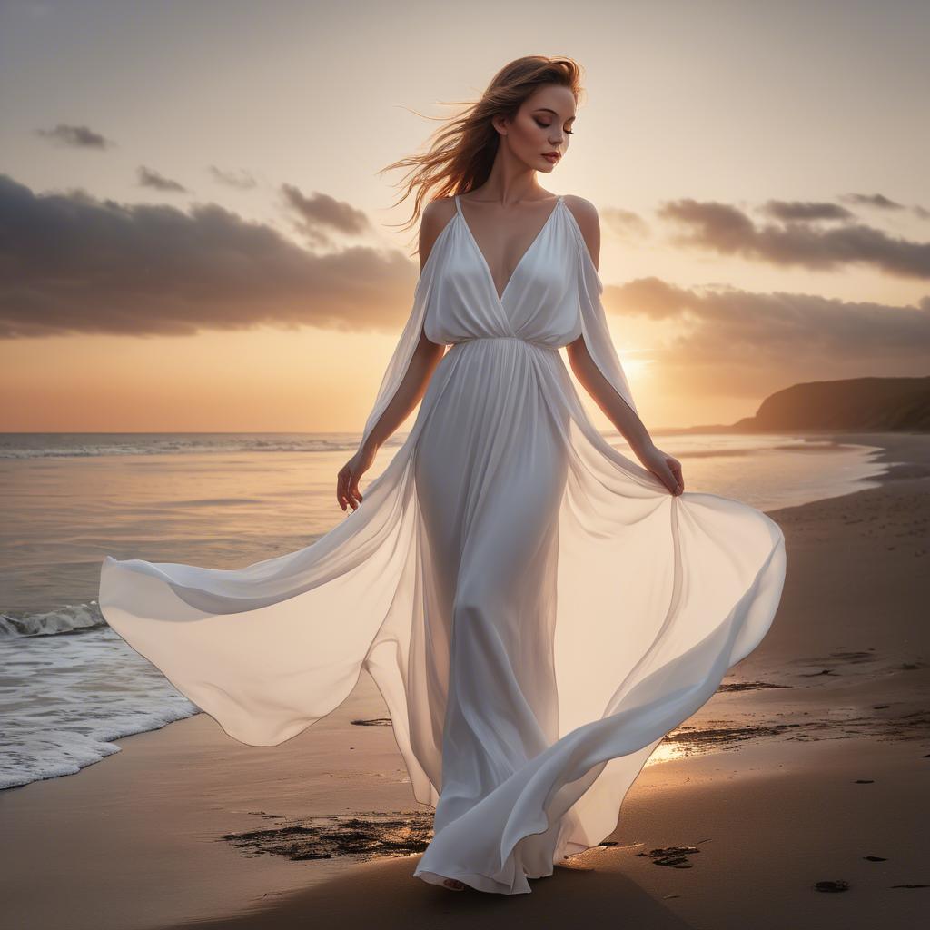 A stunning image of beachside glamour, woman in flowing white dress at sunset.