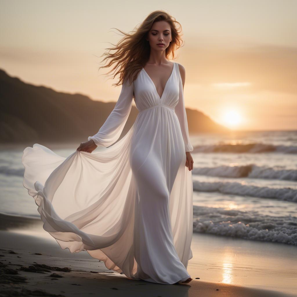 A stunning image of beachside glamour, woman in flowing white dress at sunset.