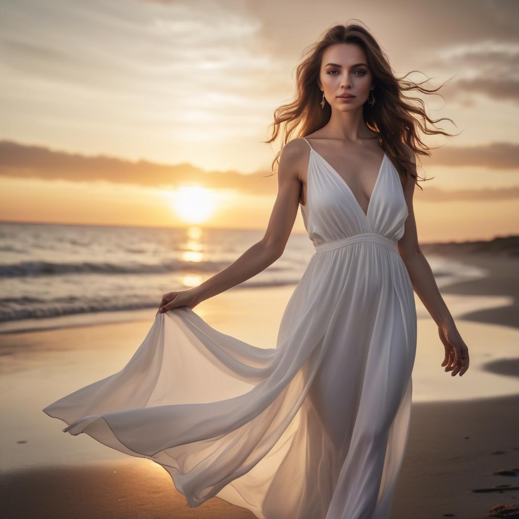 A stunning image of beachside glamour, woman in flowing white dress at sunset.