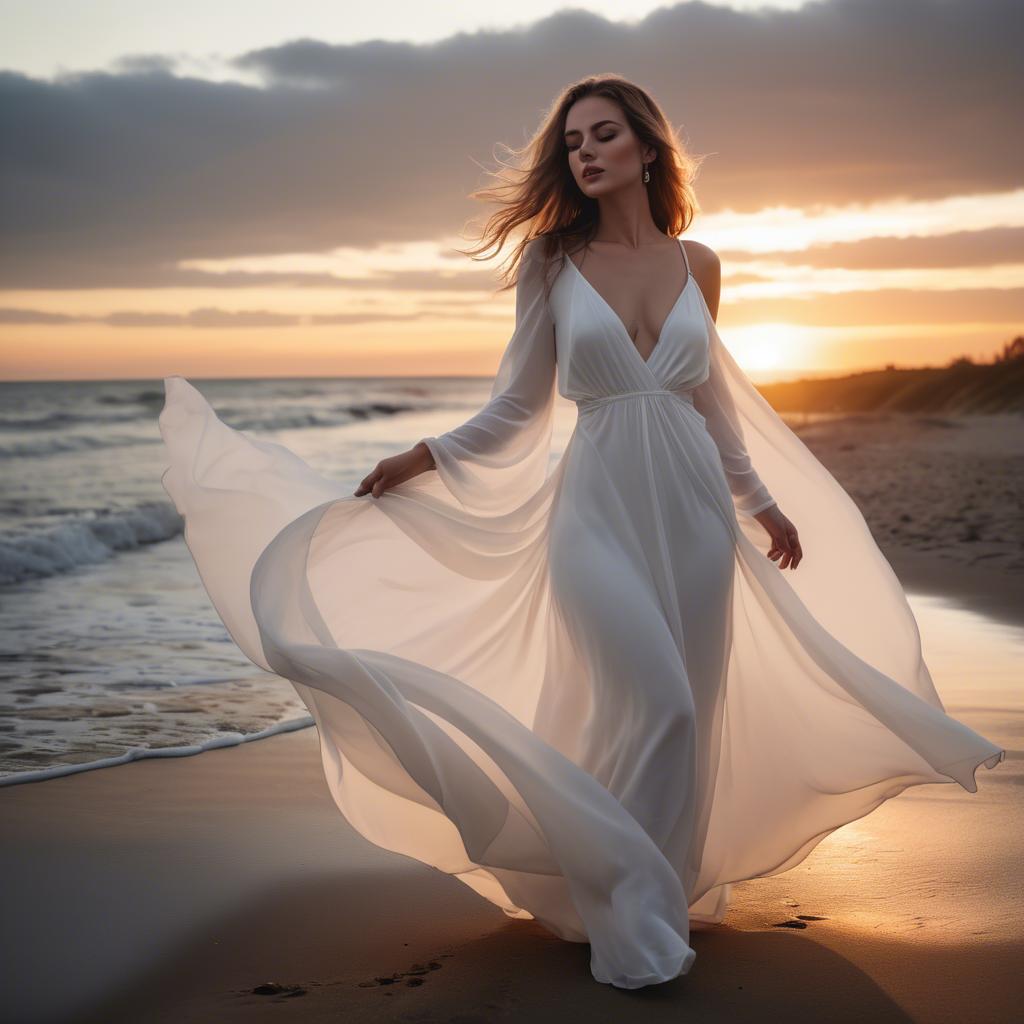 A stunning image of beachside glamour, woman in flowing white dress at sunset.