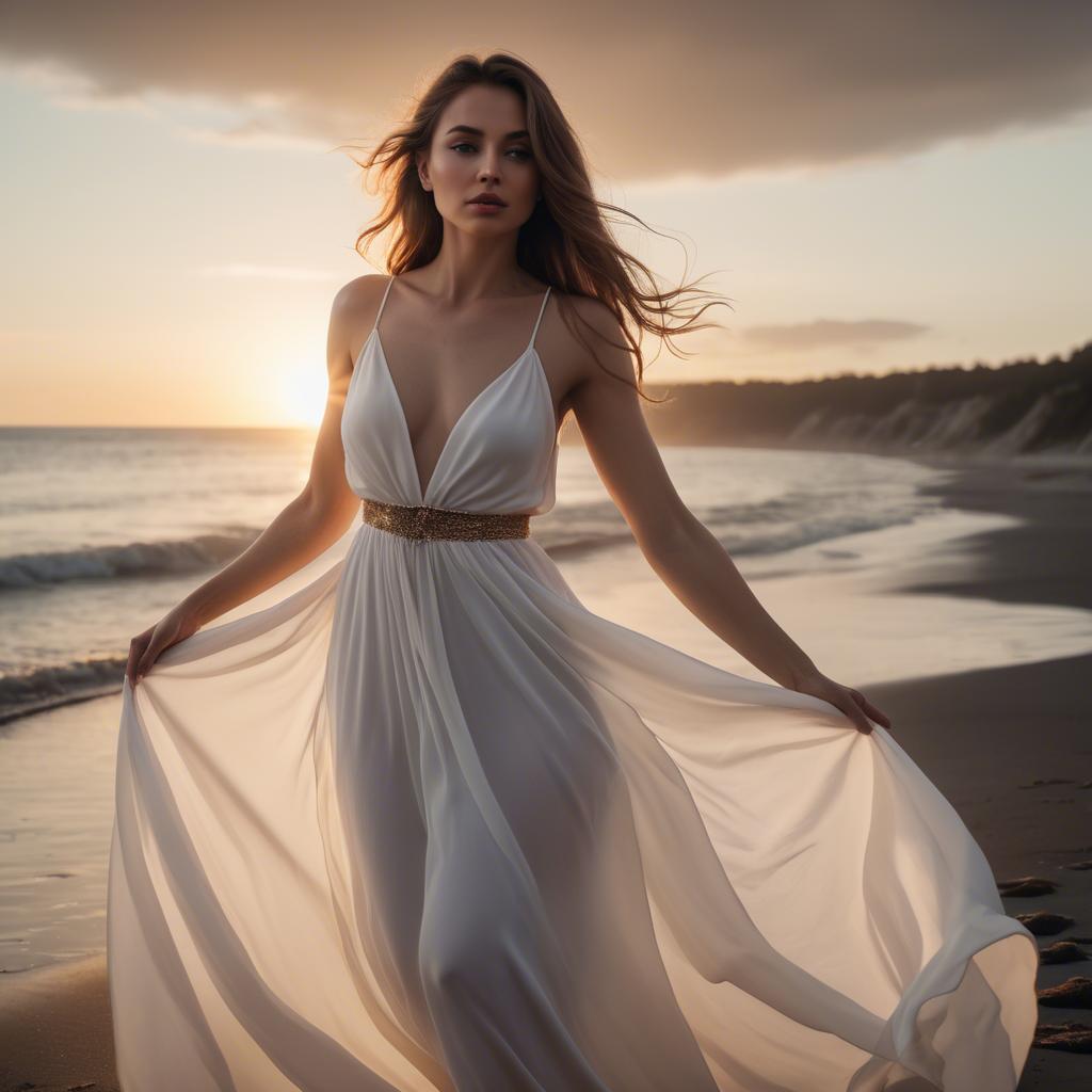 A stunning image of beachside glamour, woman in flowing white dress at sunset.