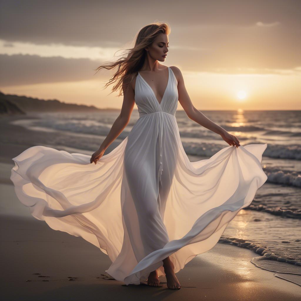 A stunning image of beachside glamour, woman in flowing white dress at sunset.