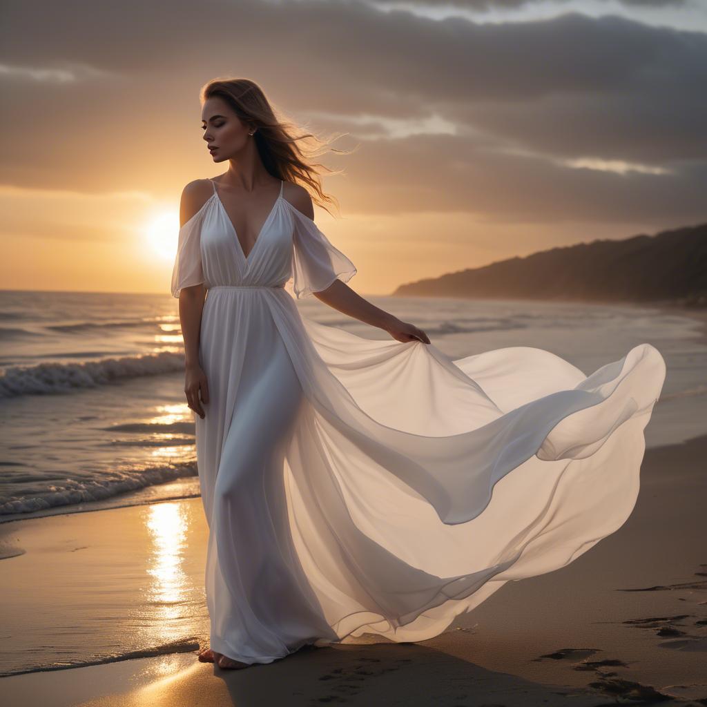 A stunning image of beachside glamour, woman in flowing white dress at sunset.