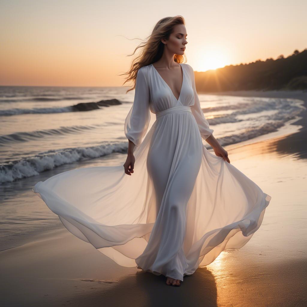 A stunning image of beachside glamour, woman in flowing white dress at sunset.