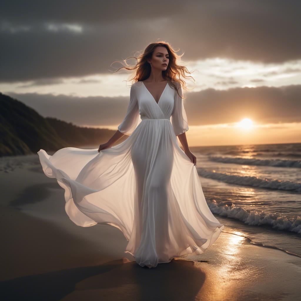 A stunning image of beachside glamour, woman in flowing white dress at sunset.
