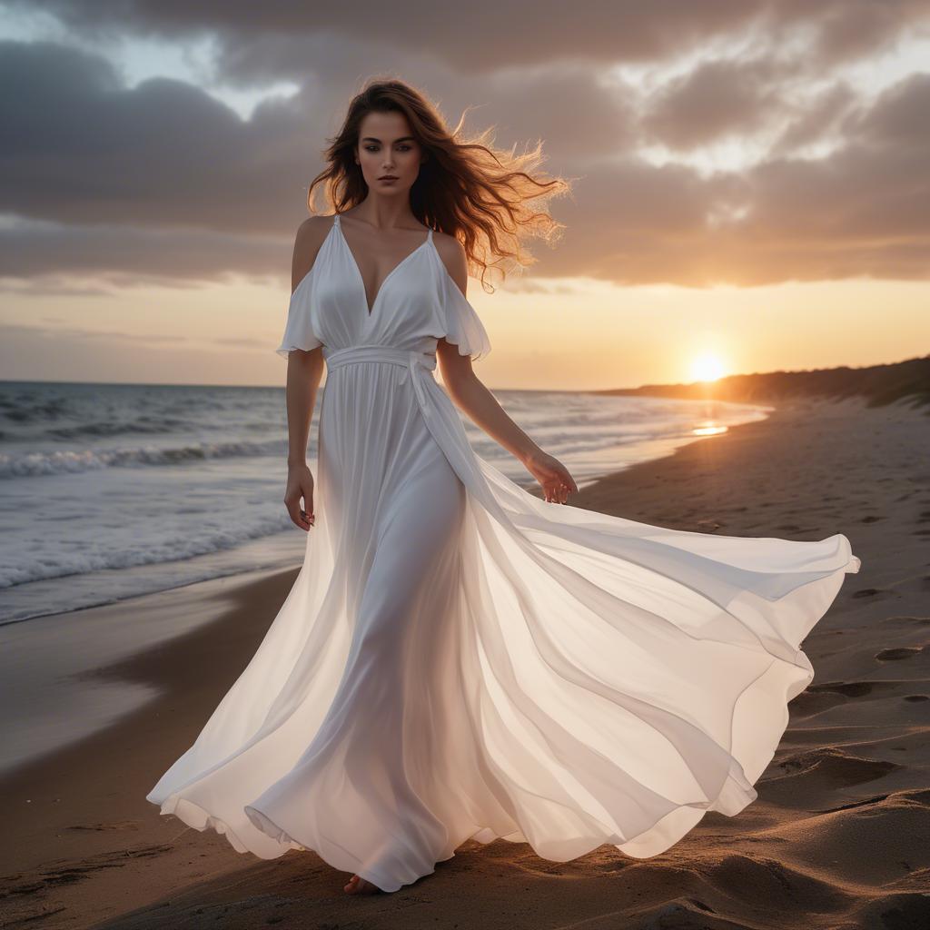 A stunning image of beachside glamour, woman in flowing white dress at sunset.