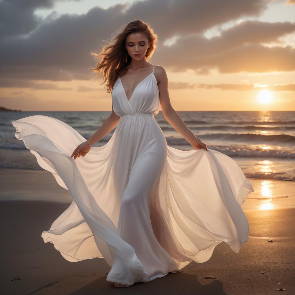 A stunning image of beachside glamour, woman in flowing white dress at sunset.