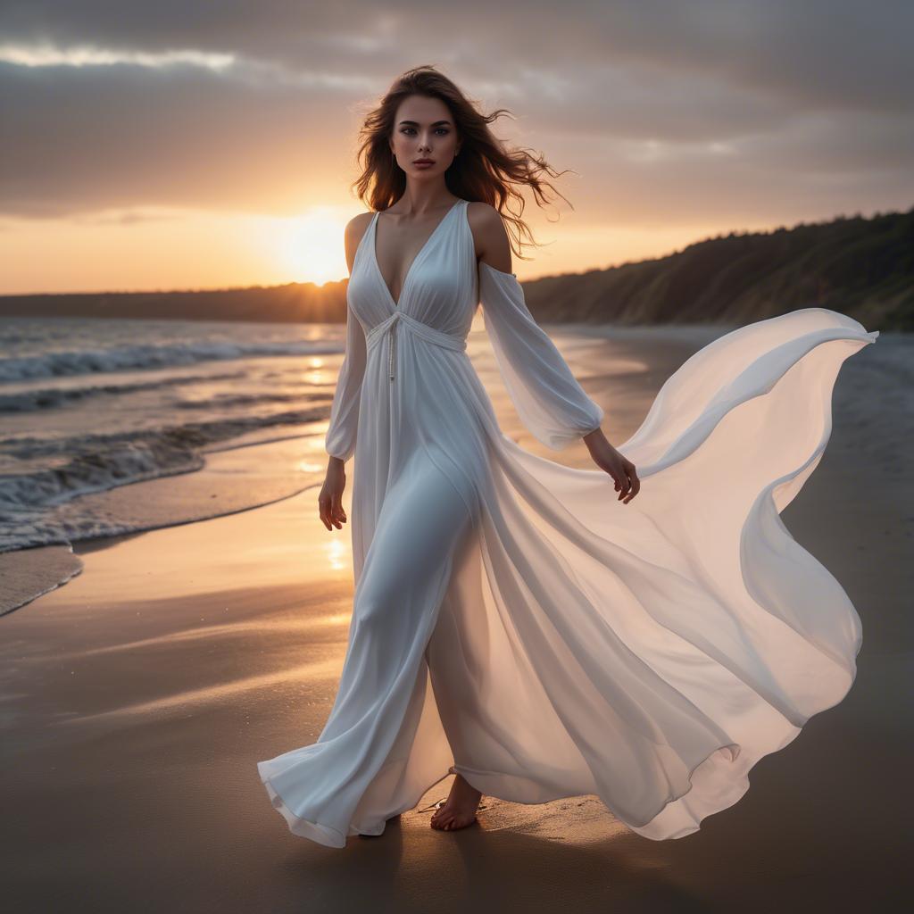 A stunning image of beachside glamour, woman in flowing white dress at sunset.