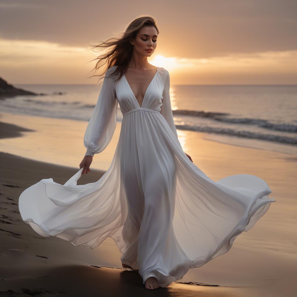 A stunning image of beachside glamour, woman in flowing white dress at sunset.