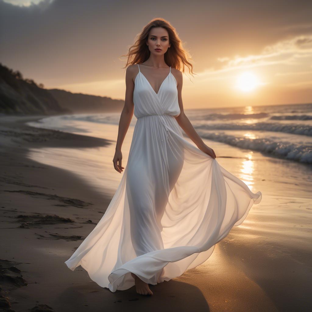 A stunning image of beachside glamour, woman in flowing white dress at sunset.