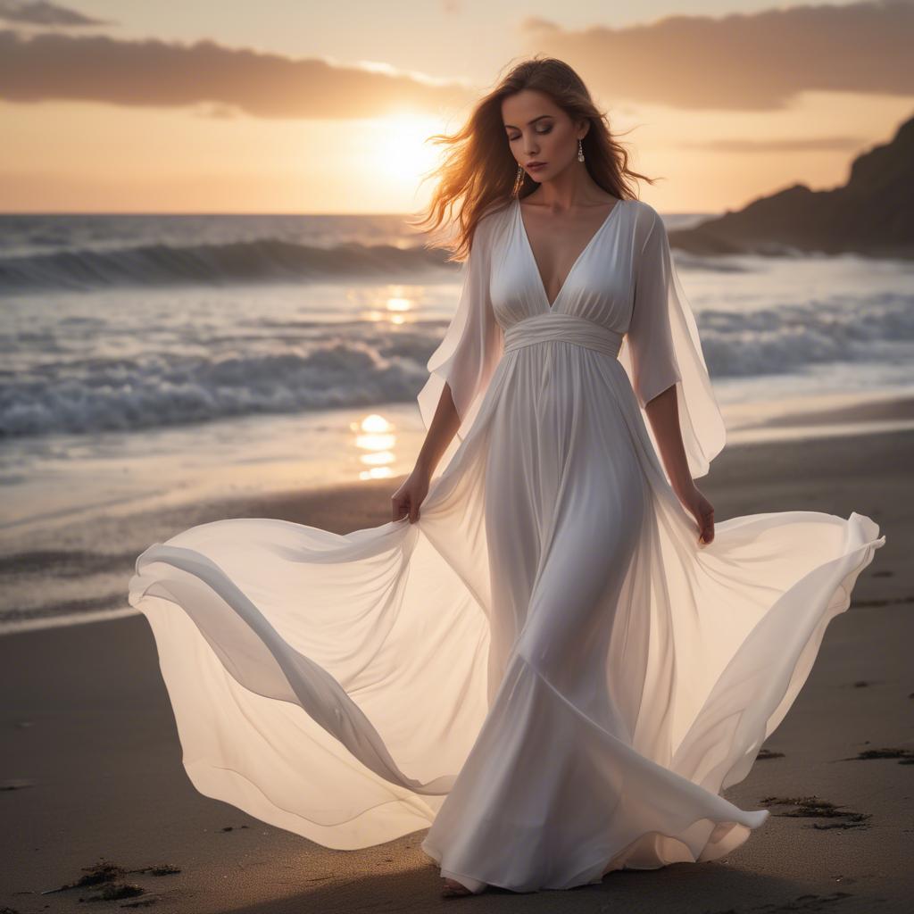 A stunning image of beachside glamour, woman in flowing white dress at sunset.