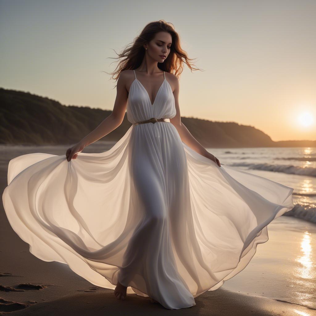 A stunning image of beachside glamour, woman in flowing white dress at sunset.