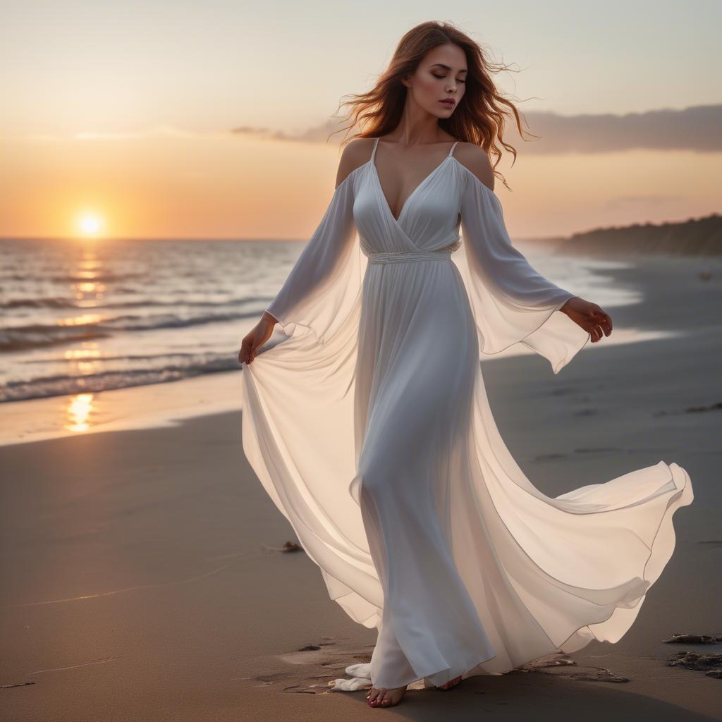 A stunning image of beachside glamour, woman in flowing white dress at sunset.