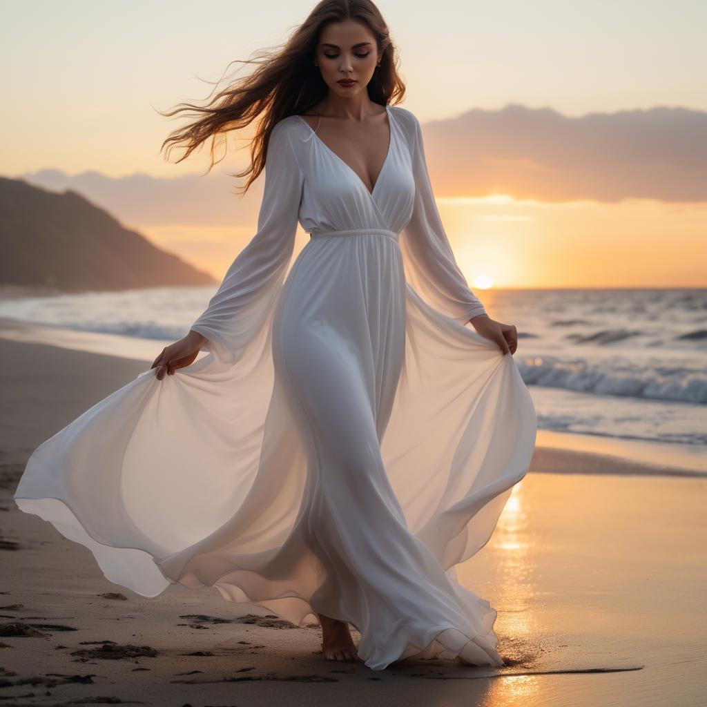 A stunning image of beachside glamour, woman in flowing white dress at sunset.