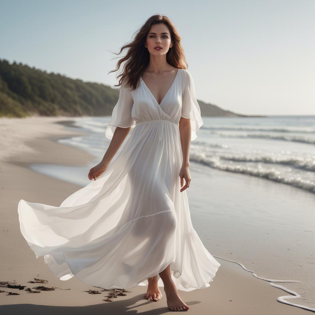 A stunning image of beachside glamour, woman in flowy white dress.