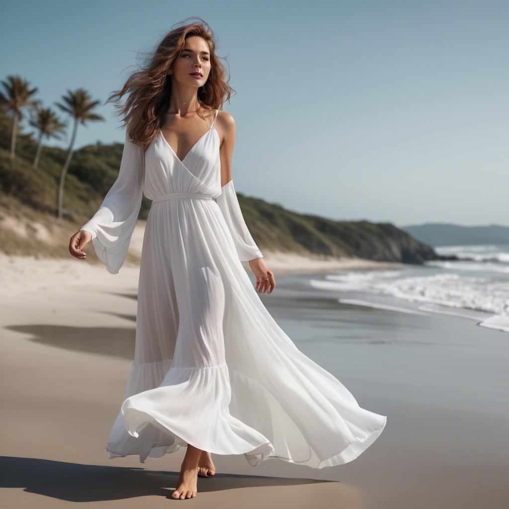 A stunning image of beachside glamour, woman in flowy white dress.