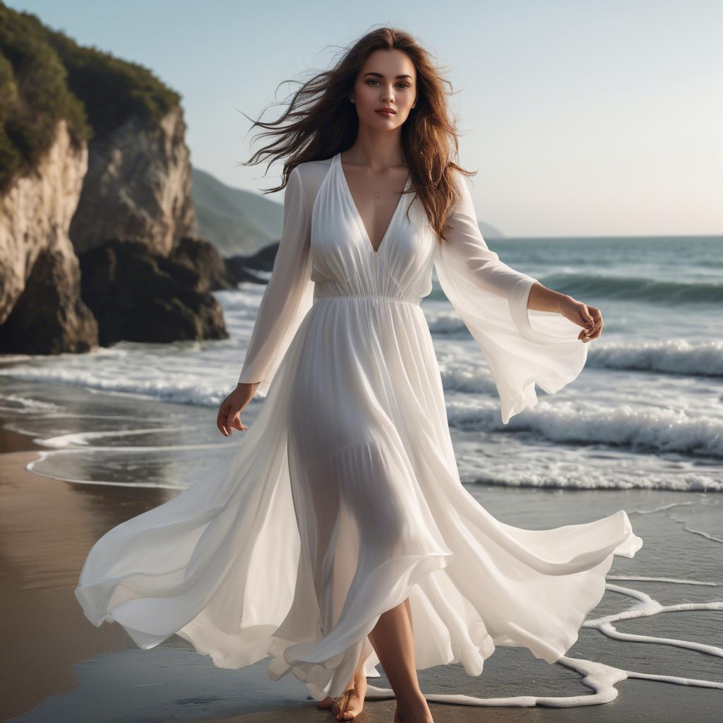 A stunning image of beachside glamour, woman in flowy white dress.