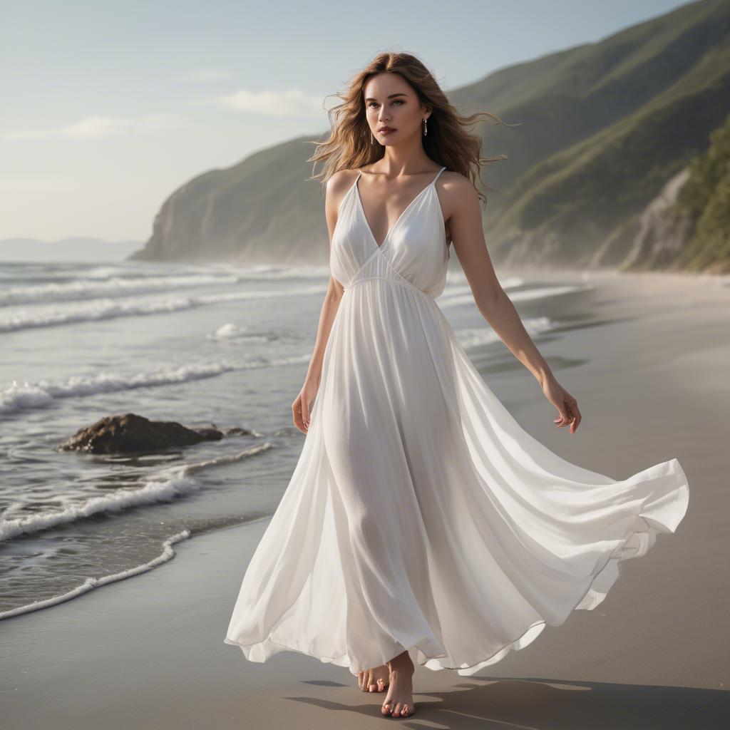 A stunning image of beachside glamour, woman in flowy white dress.