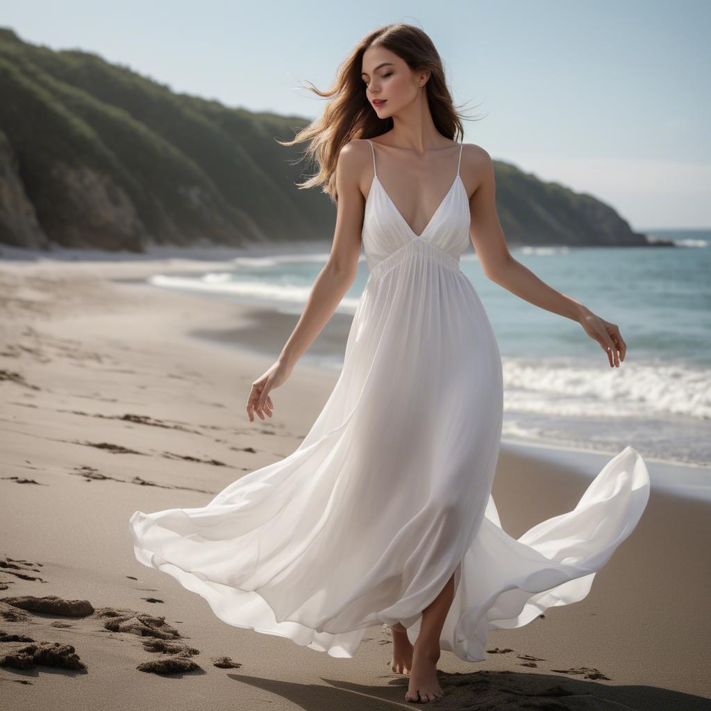 A stunning image of beachside glamour, woman in flowy white dress.