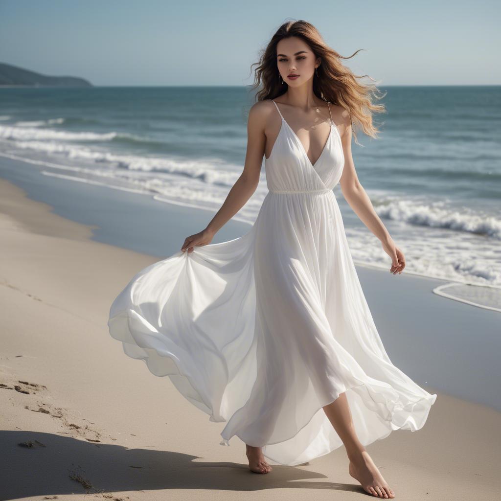 A stunning image of beachside glamour, woman in flowy white dress.