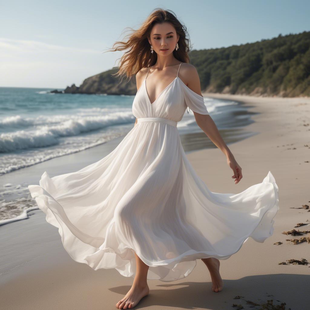 A stunning image of beachside glamour, woman in flowy white dress.