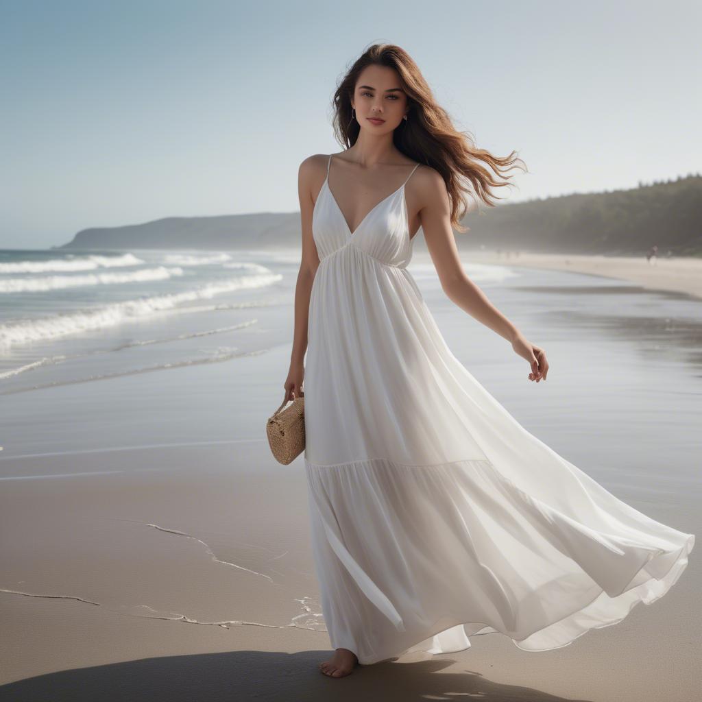 A stunning image of beachside glamour, woman in flowy white dress.