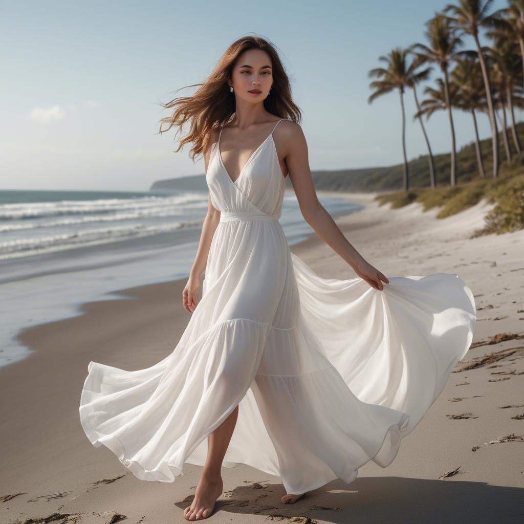 A stunning image of beachside glamour, woman in flowy white dress.