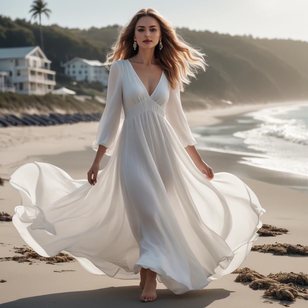 A stunning image of beachside glamour, woman in flowy white dress.