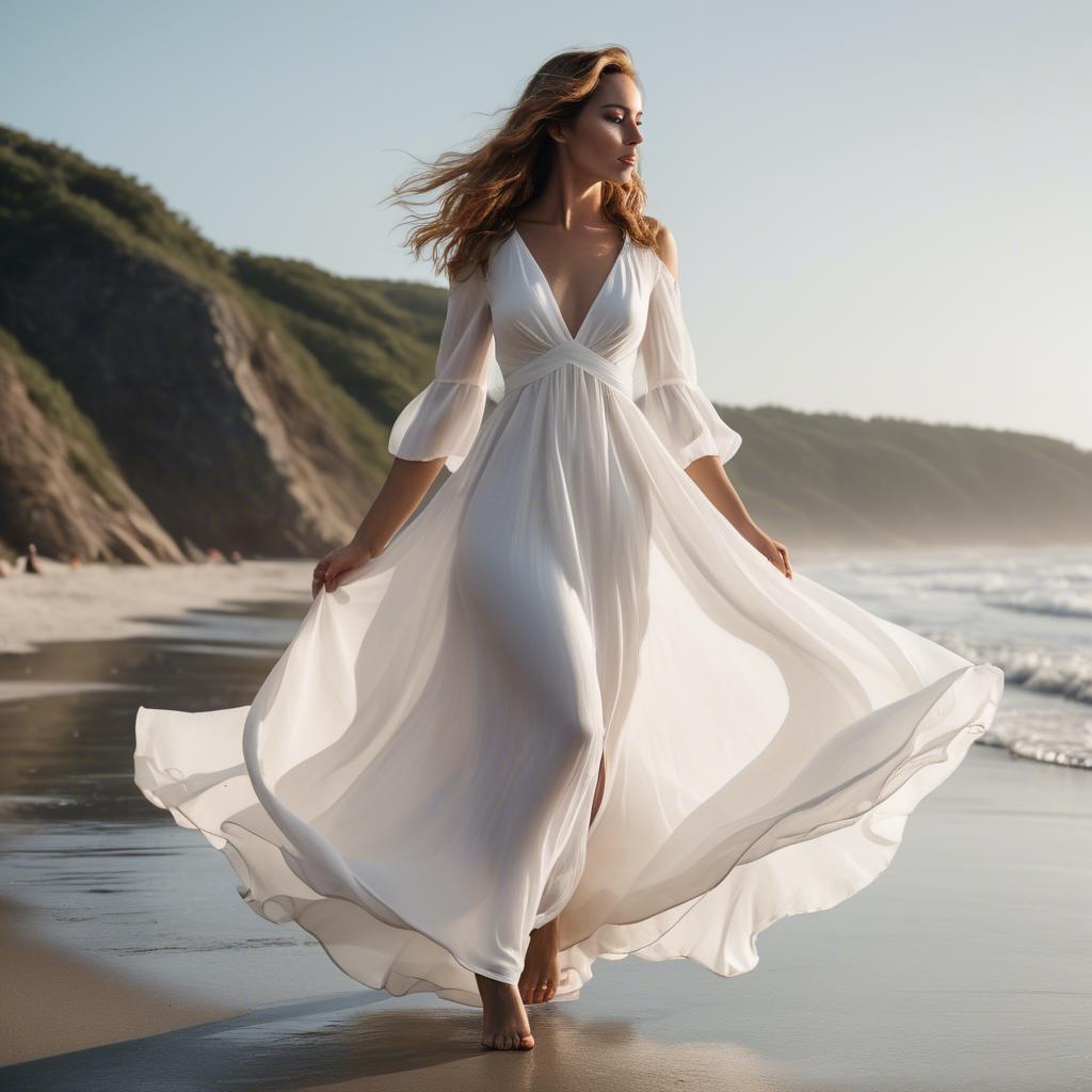 A stunning image of beachside glamour, woman in flowy white dress.
