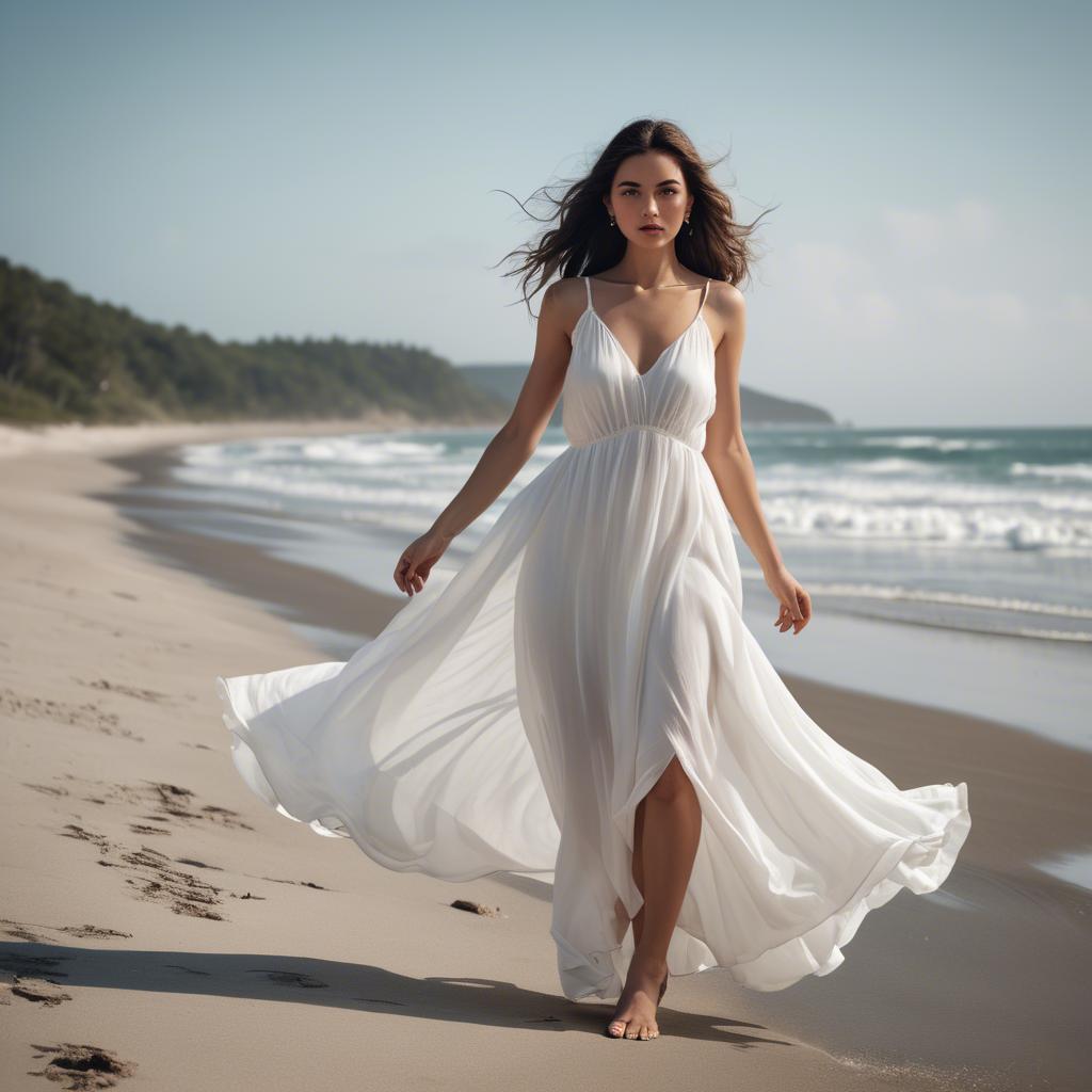 A stunning image of beachside glamour, woman in flowy white dress.
