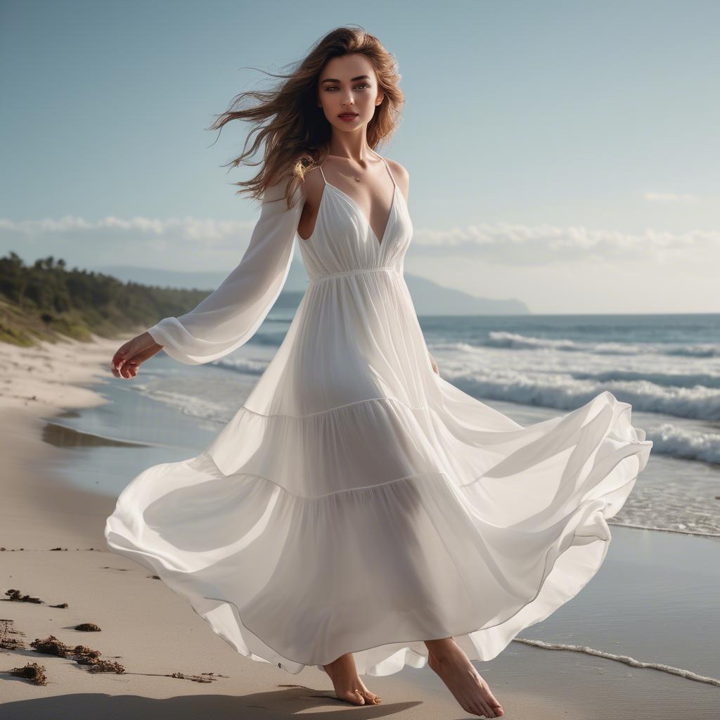 A stunning image of beachside glamour, woman in flowy white dress.